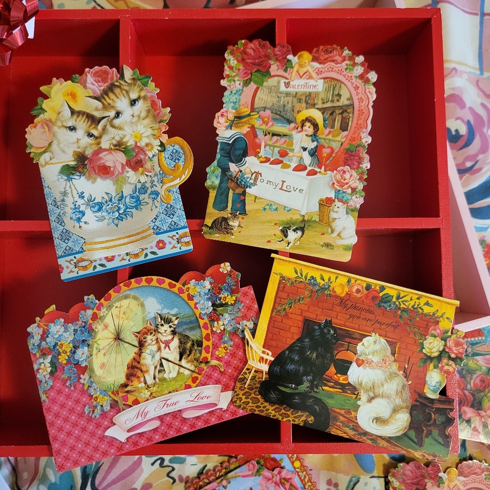Punch Studio Victorian Look Valentine Cards 4 New Cats Hearts Scrapbook Journal